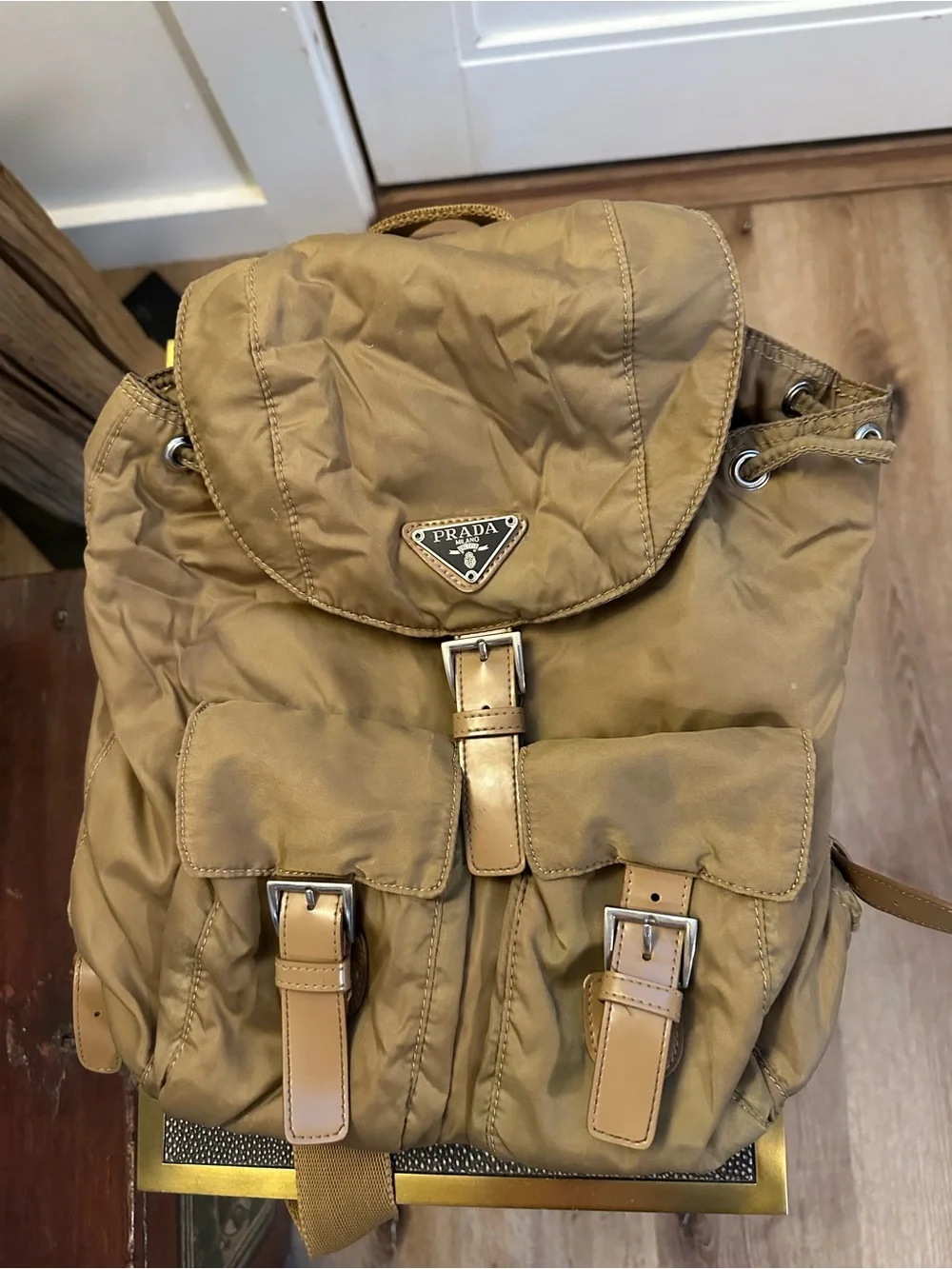 Prada Tan Nylon Drawstring Backpack with Leather Trim